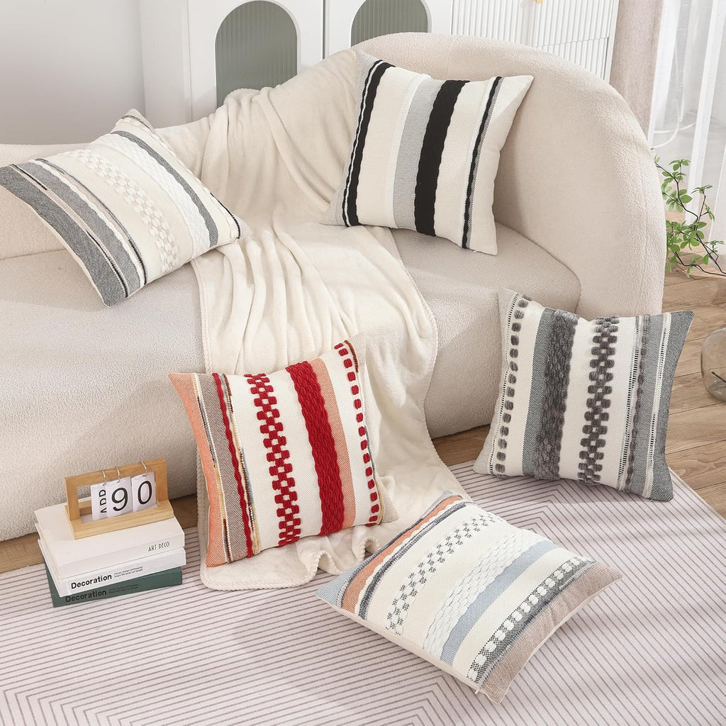 Grey Throw Pillow Covers 18x18 Set of 2 Boho Stripe Pillow Covers Tufted Decorative Pillow Case Accent Pillowcase Farmhouse Cushion Case Nuetral Textured Pillow Cover Spring Home Decor