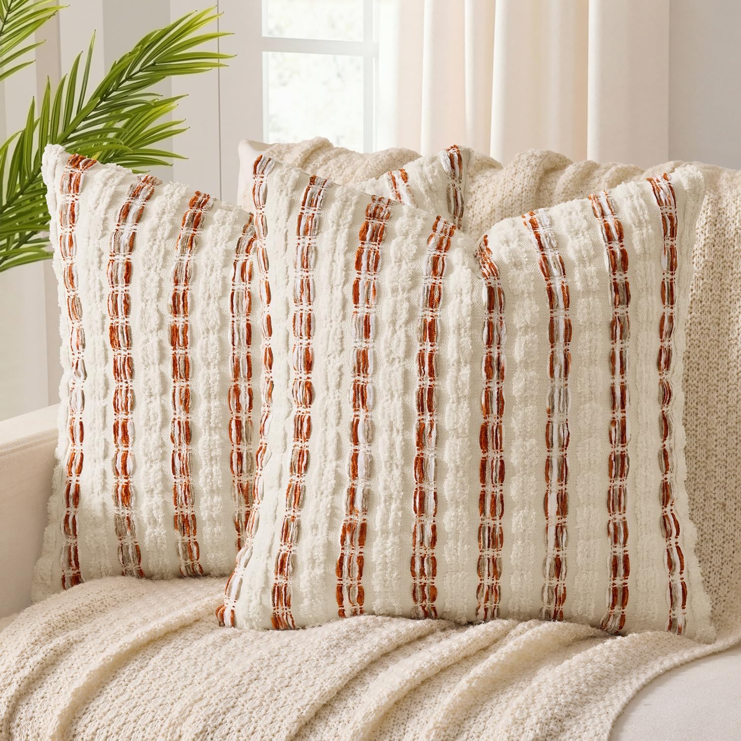 ANRODUO Pack of 2 Boho Decorative Throw Pillow Covers 18x18 Farmhouse Cushion Case Striped Chenille Pillow Cases Square Pillow Covers Accent Neutral Pillowcase for Sofa Couch Bed, Olive Green Stripe