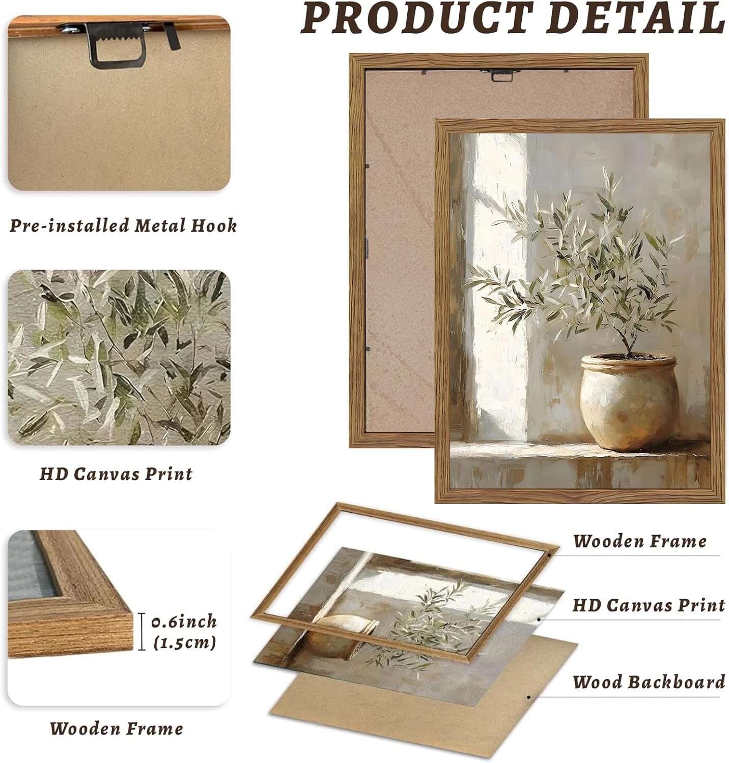 Framed Olive Tree Canvas Wall Art, Neutral Botanical Pictures Wall Decor, Rustic Potted Plant Paintings Prints, Organic Modern Farmhouse Artwork for Living Room Bedroom 8x10 Inch