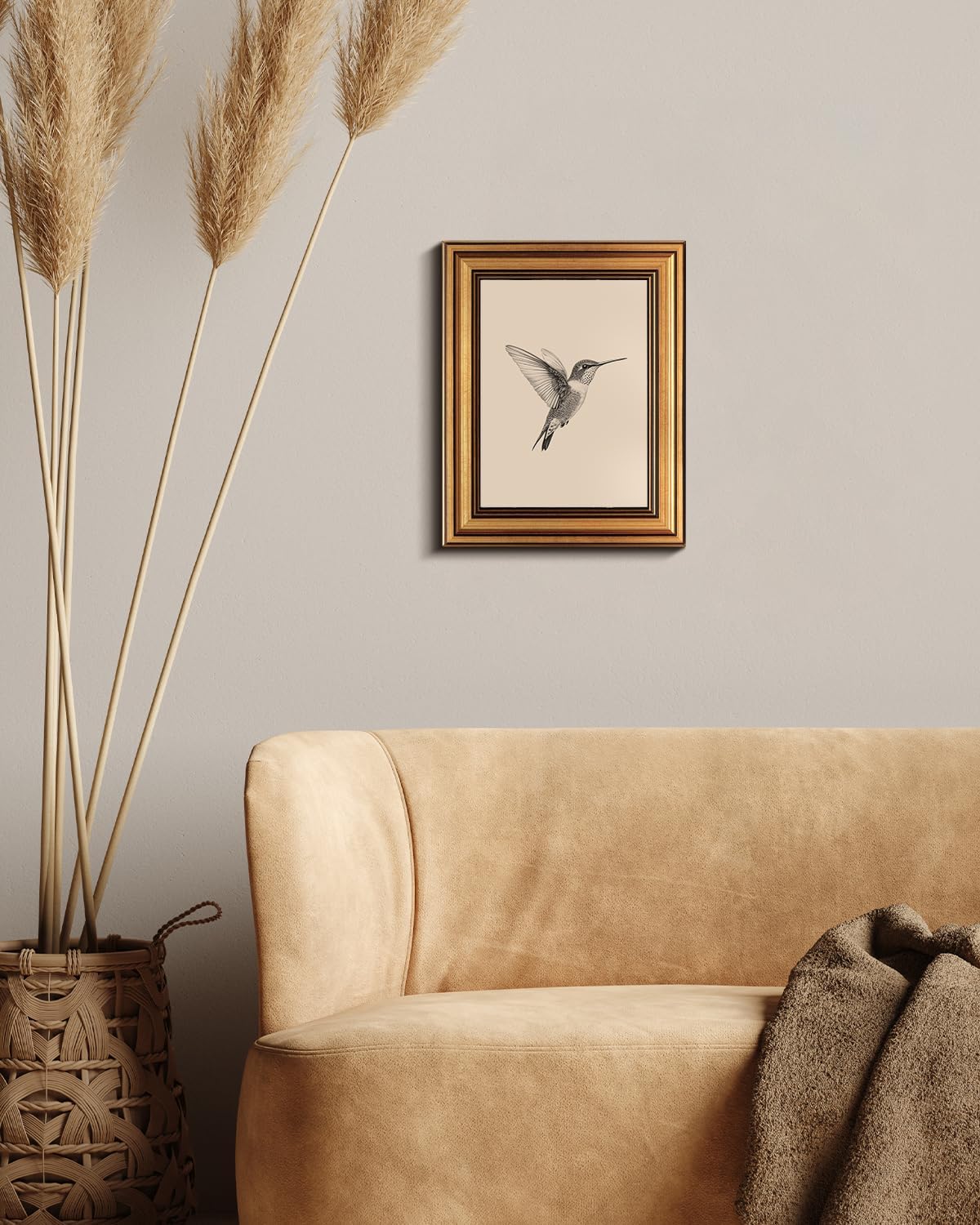 Vintage Gold Framed Wall Art, Sketch Birds Canvas Painting, Cute but Exquisite Wall Decor, No Glass No Glare, Suitable for Bedside Tables, Foyer, Bookshelves,【Hummingbird】-10L x 8W