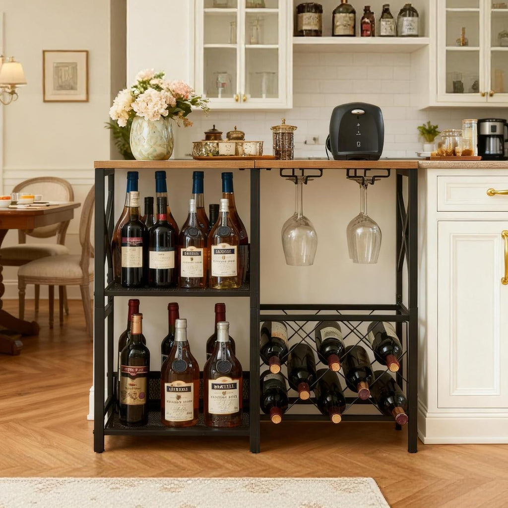 MNEETRUNG Wine Bar Cabinet, Rustic Freestanding Wine Rack with Glass Holder and Fence, Bar Cabinet with 2 Tier Storage, Liquor Shelf for Home Bar, Rustic Brown