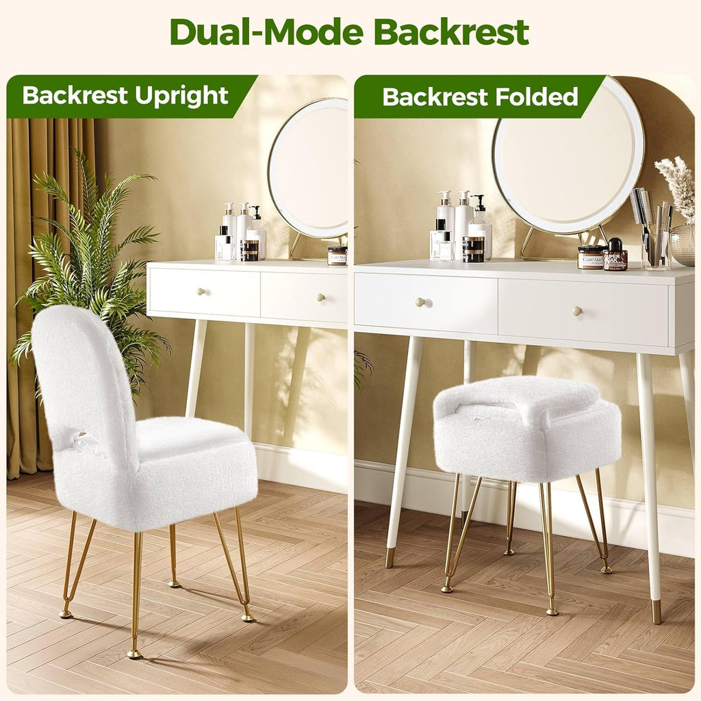 Small Vanity Stool Chair with Storage and Folding Back, 13.4" x 15" x 30" Square Faux Fur Soft Ottoman, 4 Metal Legs with Anti-Slip Feet, Furry Padded Seat for Makeup, Bedroom, White