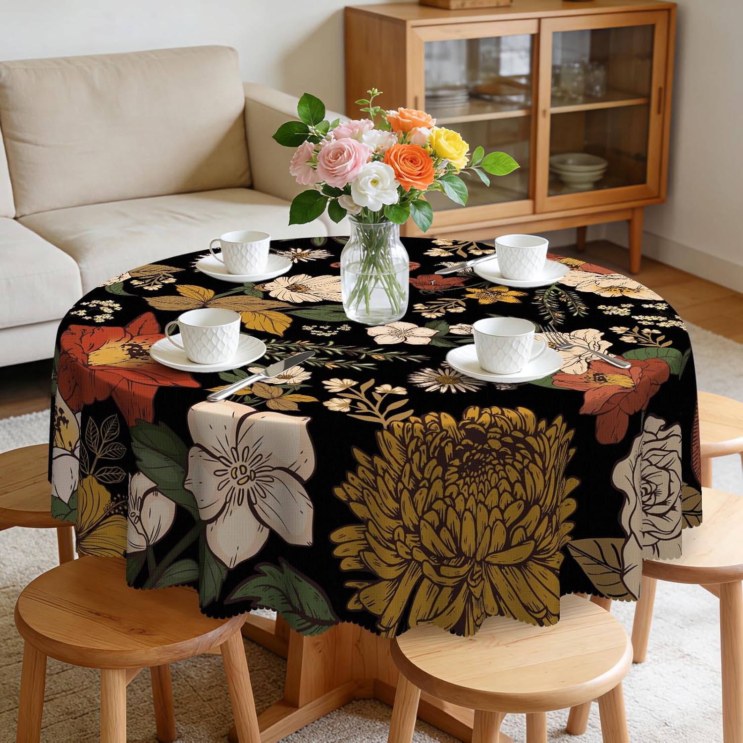 Round Tablecloth, Summer Tablecloths Polyester Waterproof Stain Wrinkle Free, Indoor and Outdoor Table Cover for Kitchen Party Dining Table
