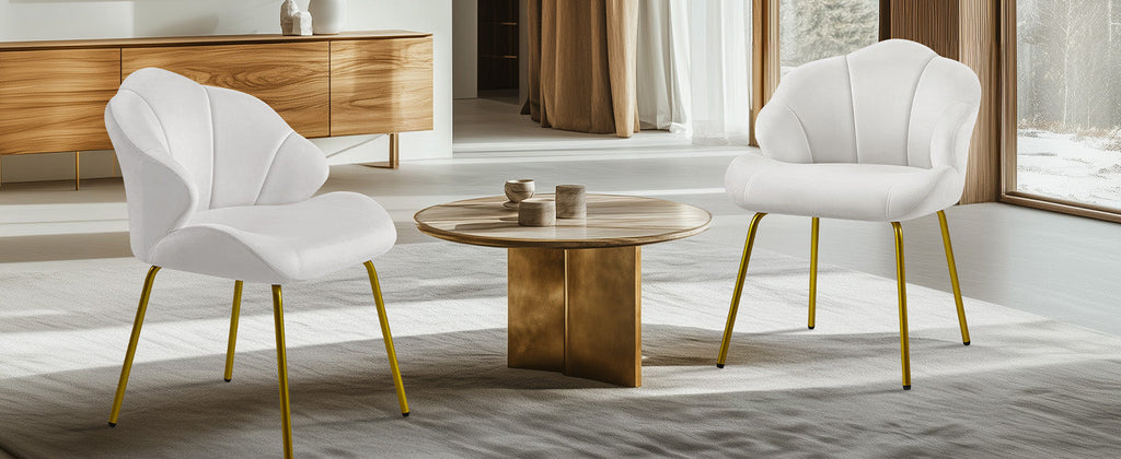 Vanity Chair, Velvet Accent Chair with Shell-Shaped Backrest, Modern Armchair with Gold Metal Legs for Dressing Room/Bedroom/Living Room, White