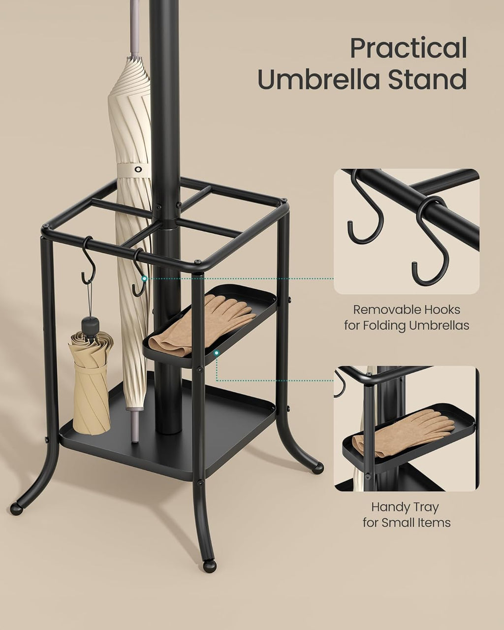 Coat Rack Freestanding with Umbrella Holder, Metal Coat Rack Stand with 12 Hooks, for Entryway, Hallway, Living Room, Bedroom, Ink Black URCR082BH02S
