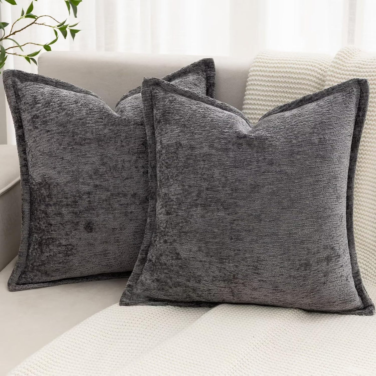Grey Decorative Throw Pillow Covers 18x18 Inch Set of 2 Cozy Soild Chenille Cushion Cases Soft Textured Square Couch Pillows Cover Boho Accent Farmhouse Pillowcases for Sofa Bed