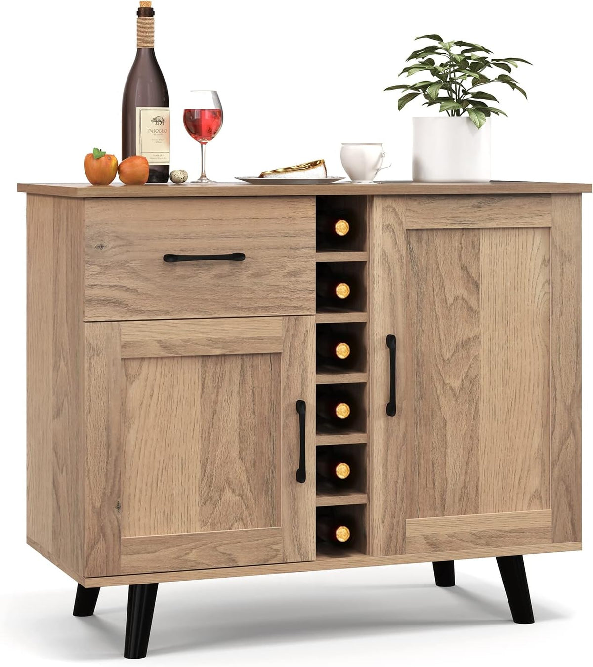 Giantex Bar Cabinet, Buffet Sideboard for 6 Wine Bottles, Wood Pantry Cupboard with Storage Drawer, 2 Door Cabinets, Anti-Toppling Devices, Credenza Organizer for Living Room Kitchen (Oak)