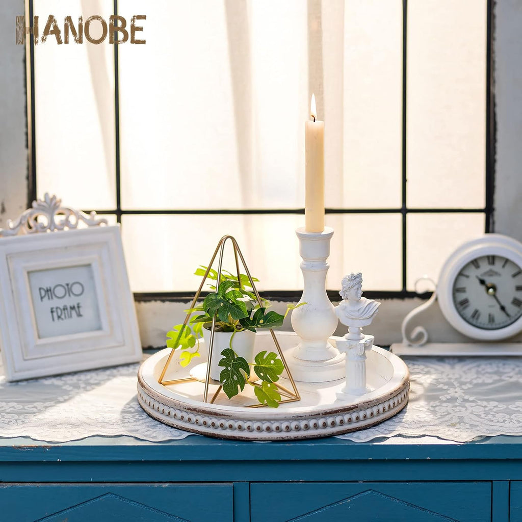 Round Wooden Decorative Tray: White Washed Bead Tray Decor for Coffee Table Centerpiece Rustic Farmhouse Tray for Kitchen Counter Living Room Decoration