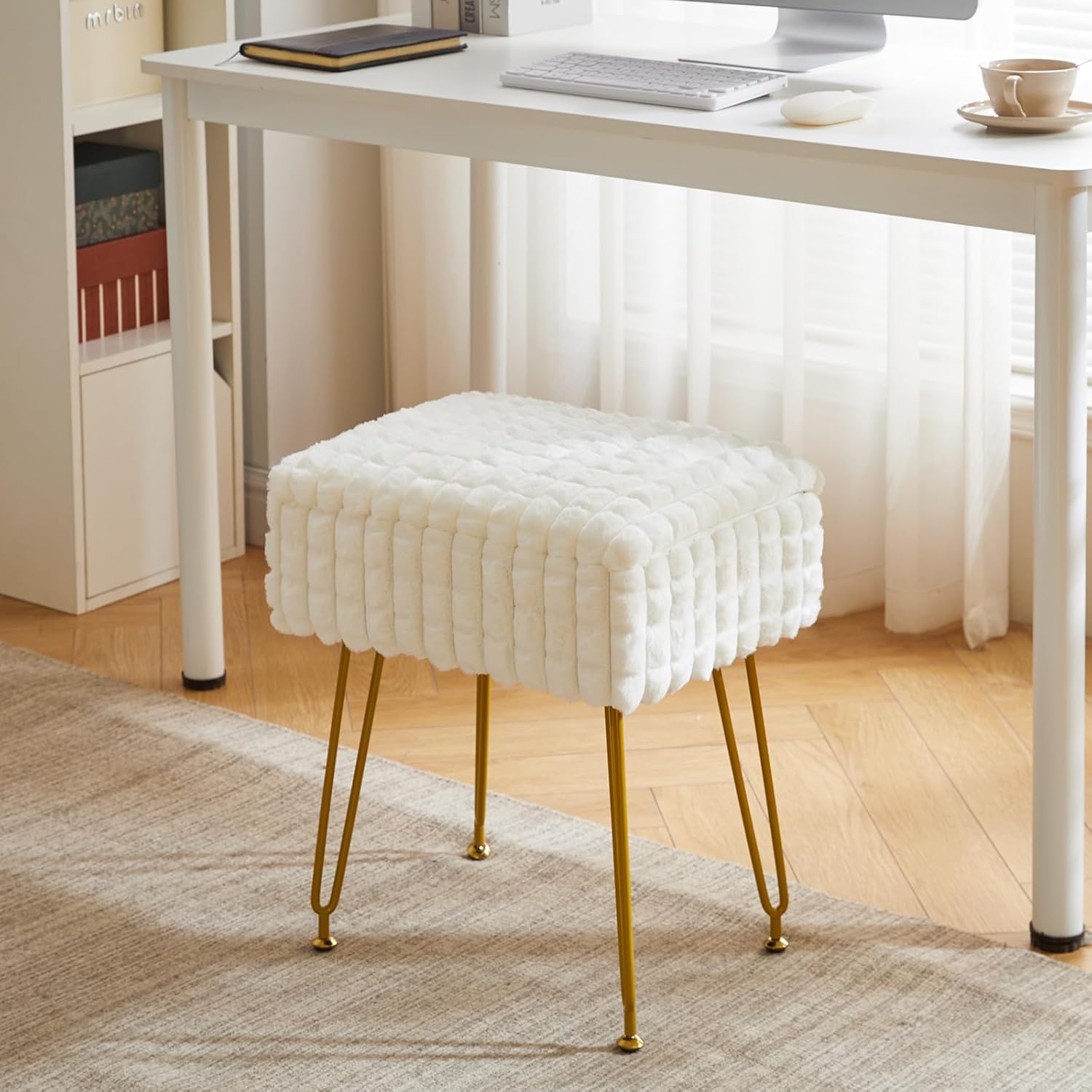 Rectangle Vanity Chair with Storage Space, Footrest Footstool Ottoman, Vanity Stool, Dressing Table Chair, with Anti-Slip Feet, for Makeup Room, Bedroom, Square Grid Pattern, White WBD004W