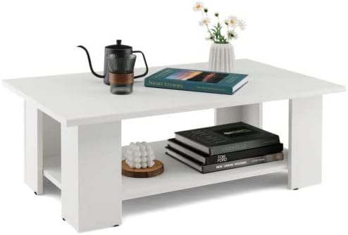 Giantex Rectangle Wood Center Table, 41" L 2-Tier Small Modern Tea Table w/Open Compartment, Easy Assembly, Accent Coffee Table for Living Room, Reception Room, White