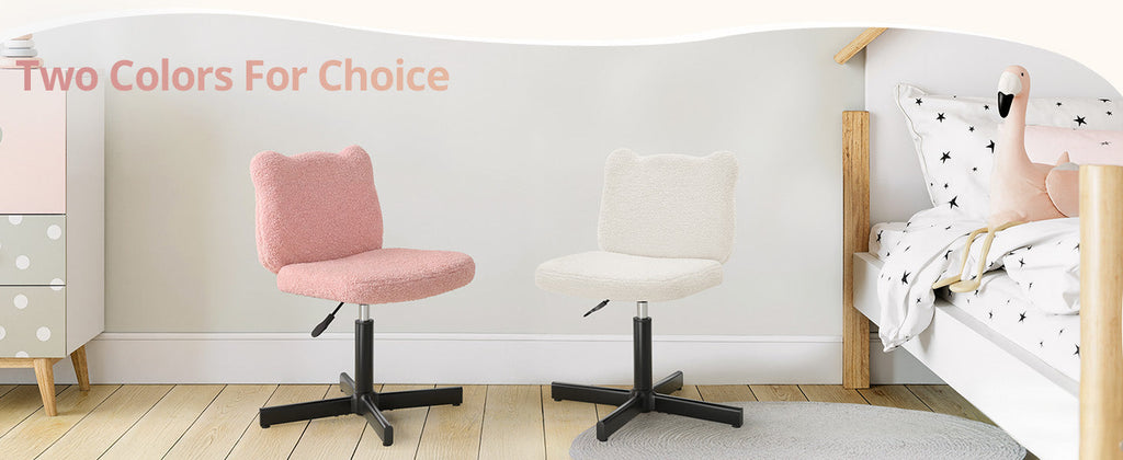 Adjustable Vanity Stool Chair with Girly Bear Ear Wide Back, 360° Swivel Vanity Stool for Makeup Room, Upholstered Teddy Velvet Ottoman for Teen Girls, 350lbs, Beige