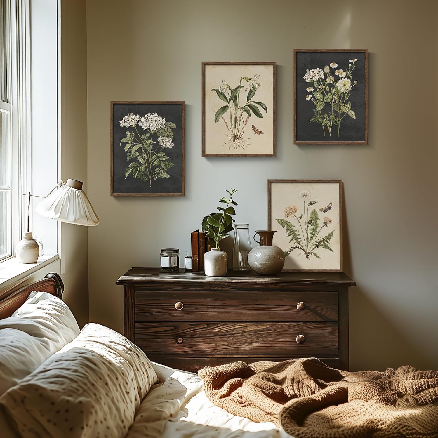 Framed Vintage Botanical Wall Art Bedroom, 4 Piece Rustic Farmhouse Floral Canvas Prints Artwork, Neutral Flower Butterfly Pictures for Modern Farmhouse Living Room Kitchen Bathroom Wall Decor, 11x14