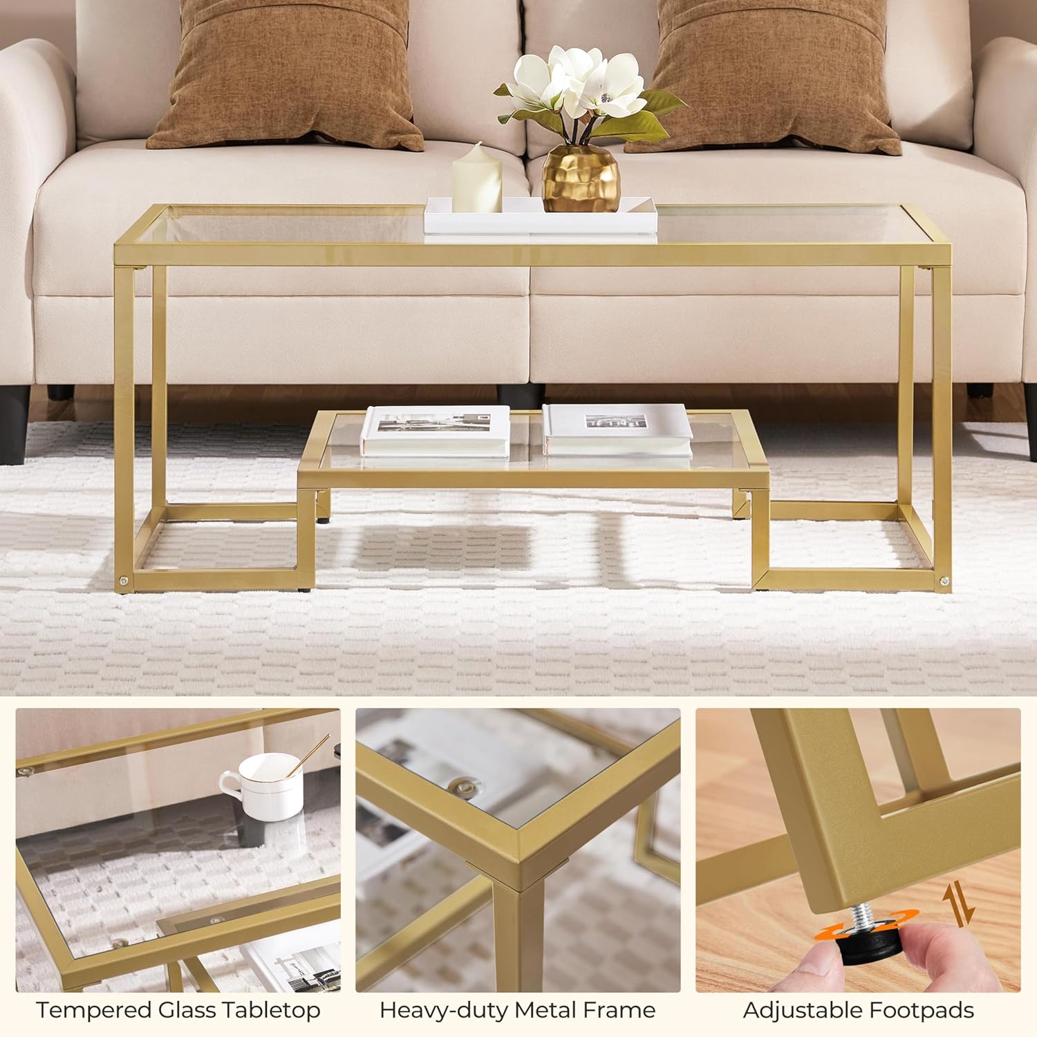 Yaheetech Gold Coffee Table, 42" Rectangular Glass Coffee Table for Living Room, 2-Tier Living Room Tables with Storage Center Tea Tables with Metal Frame for Small Space, Apartment, Office
